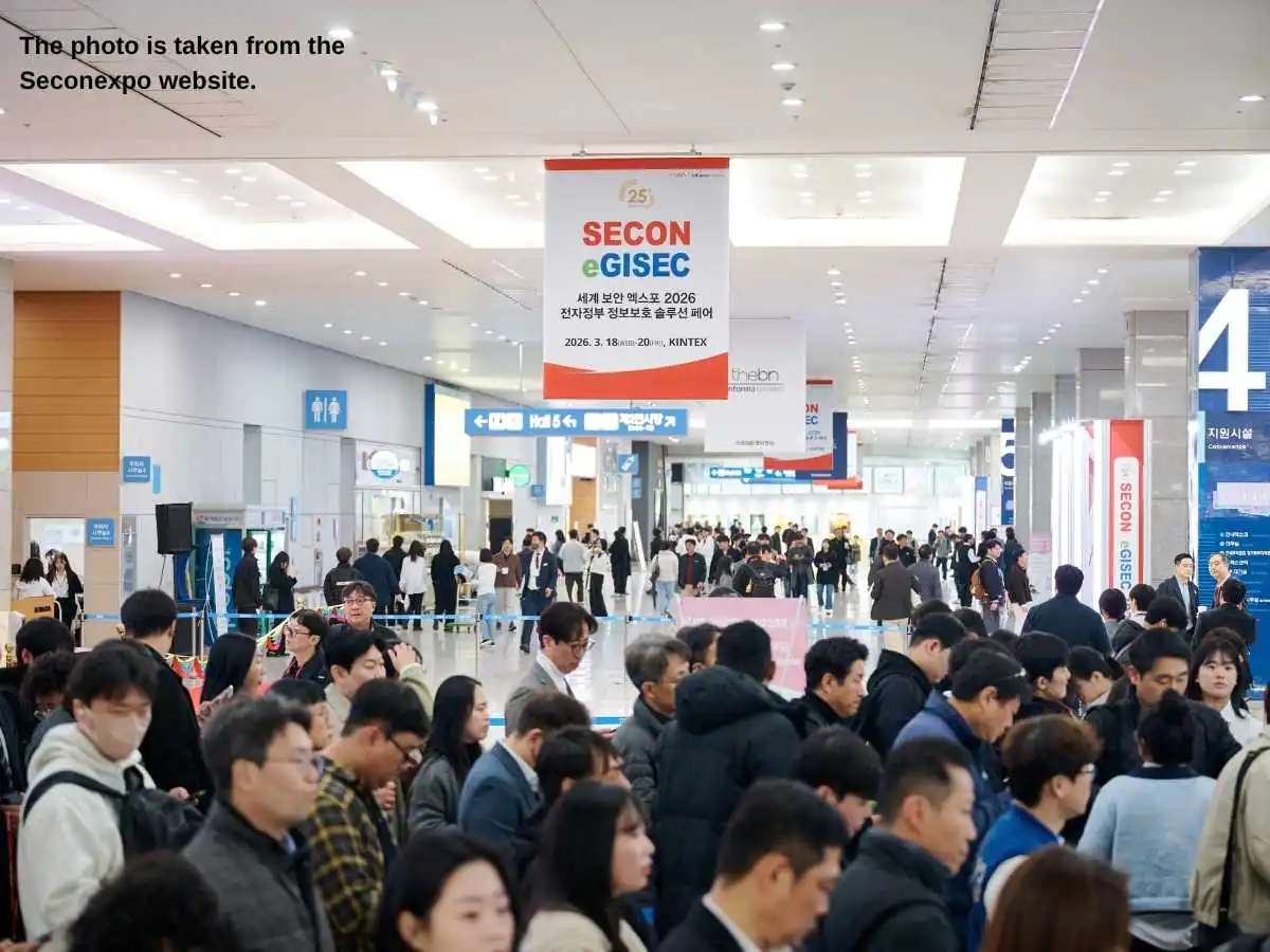 SECON  2027 Seoul stand with CCTV systems, access control demo area, and KINTEX branding