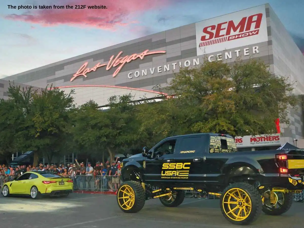SEMA Show  2026 stand in Las Vegas at LVCC with vehicle display and dealer meeting area