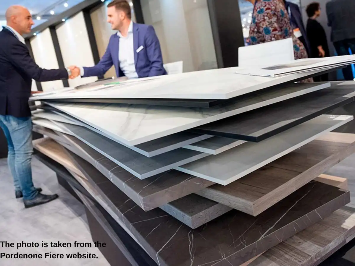 SICAM  2026 exhibition stand in Pordenone with furniture components meeting area at Pordenone Fiere