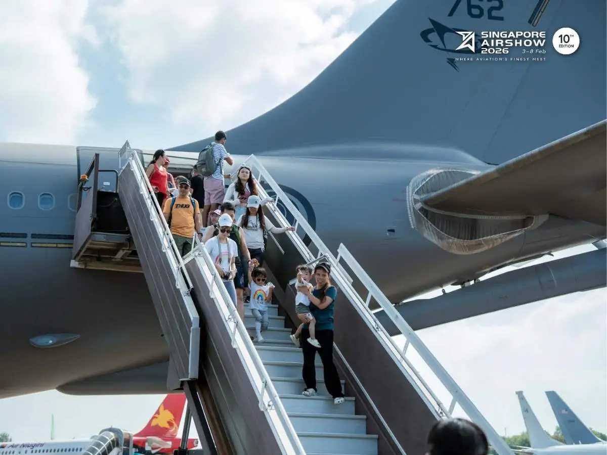 Singapore Airshow  2028 stand in Singapore at Changi Exhibition Centre with aviation demo area and meeting zone