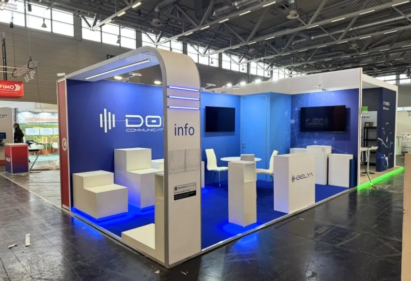 24 square meter exhibition stand with branding meeting space and visitor flow