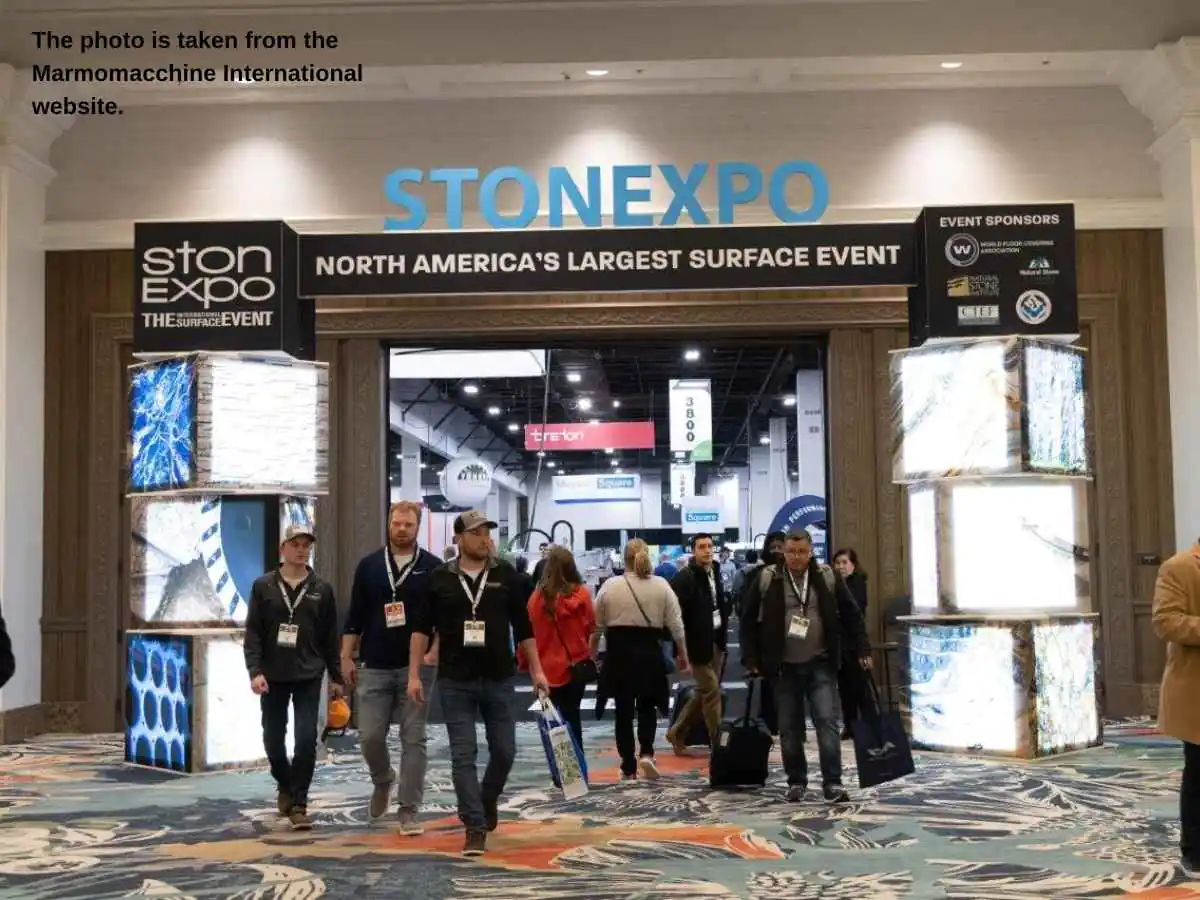 StonExpo  2027 stand in Las Vegas with stone sample wall and meeting counter at Mandalay Bay