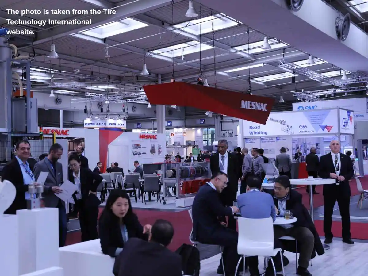 Tire Technology Expo  2027 stand in Hanover at Hannover Messe with testing equipment and meeting area
