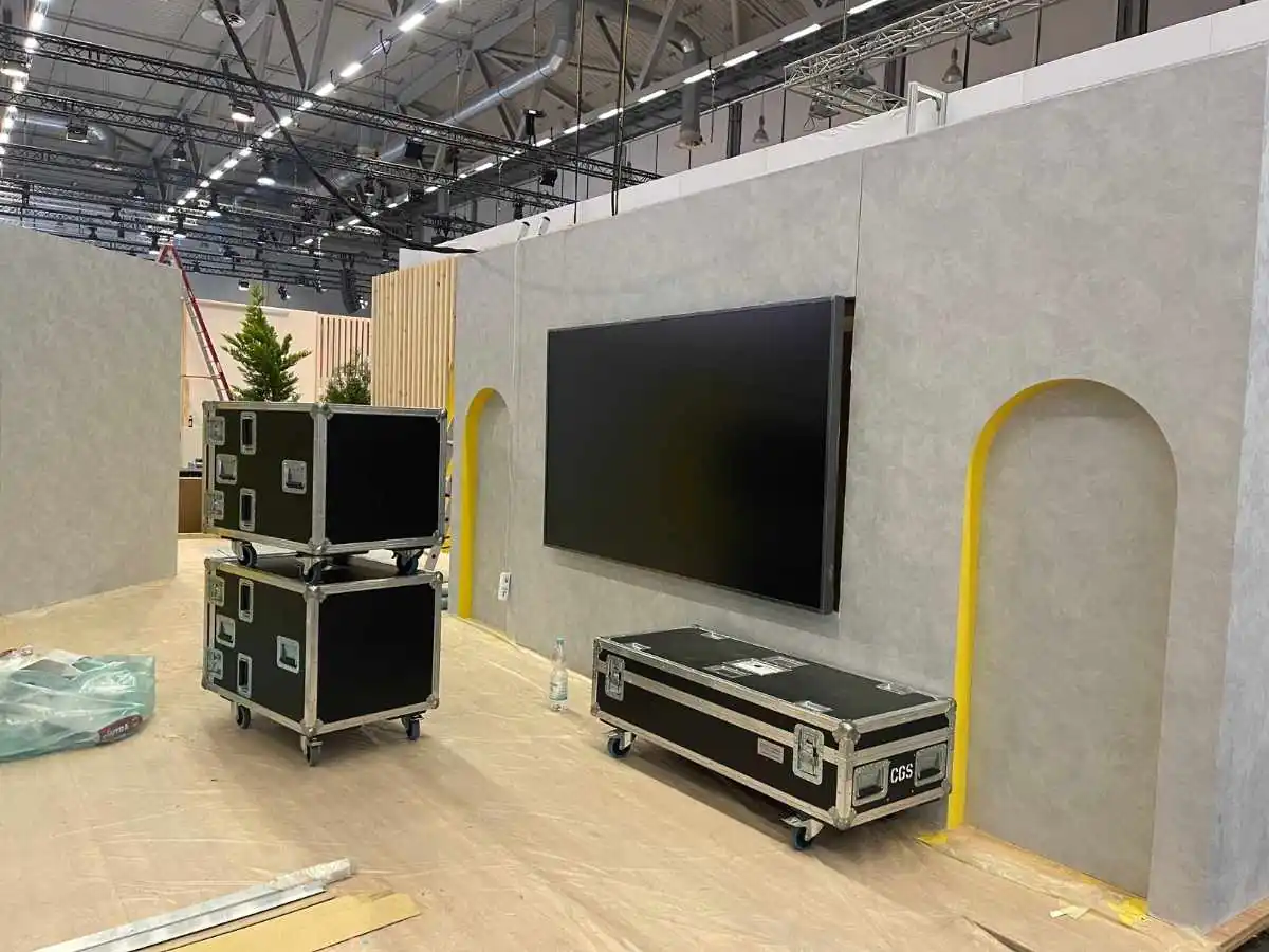 Stand installation at the venue in London with on-site coordination by an exhibition stand builder in London